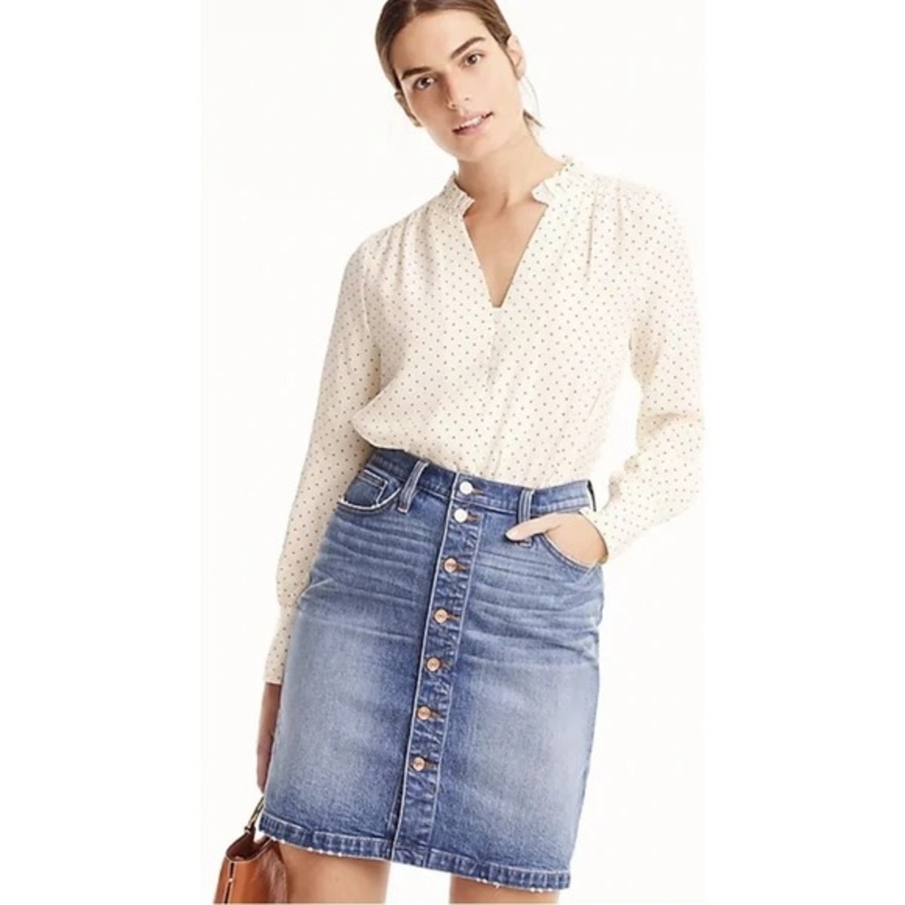 J.Crew Silk ruffle-neck blouse in dot-J0273 PM $148 Cream Black Work Office
